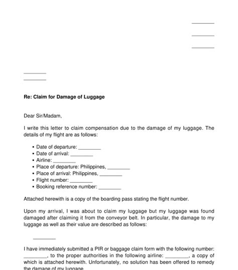 Claim for Damage, Delay or Loss of Luggage .